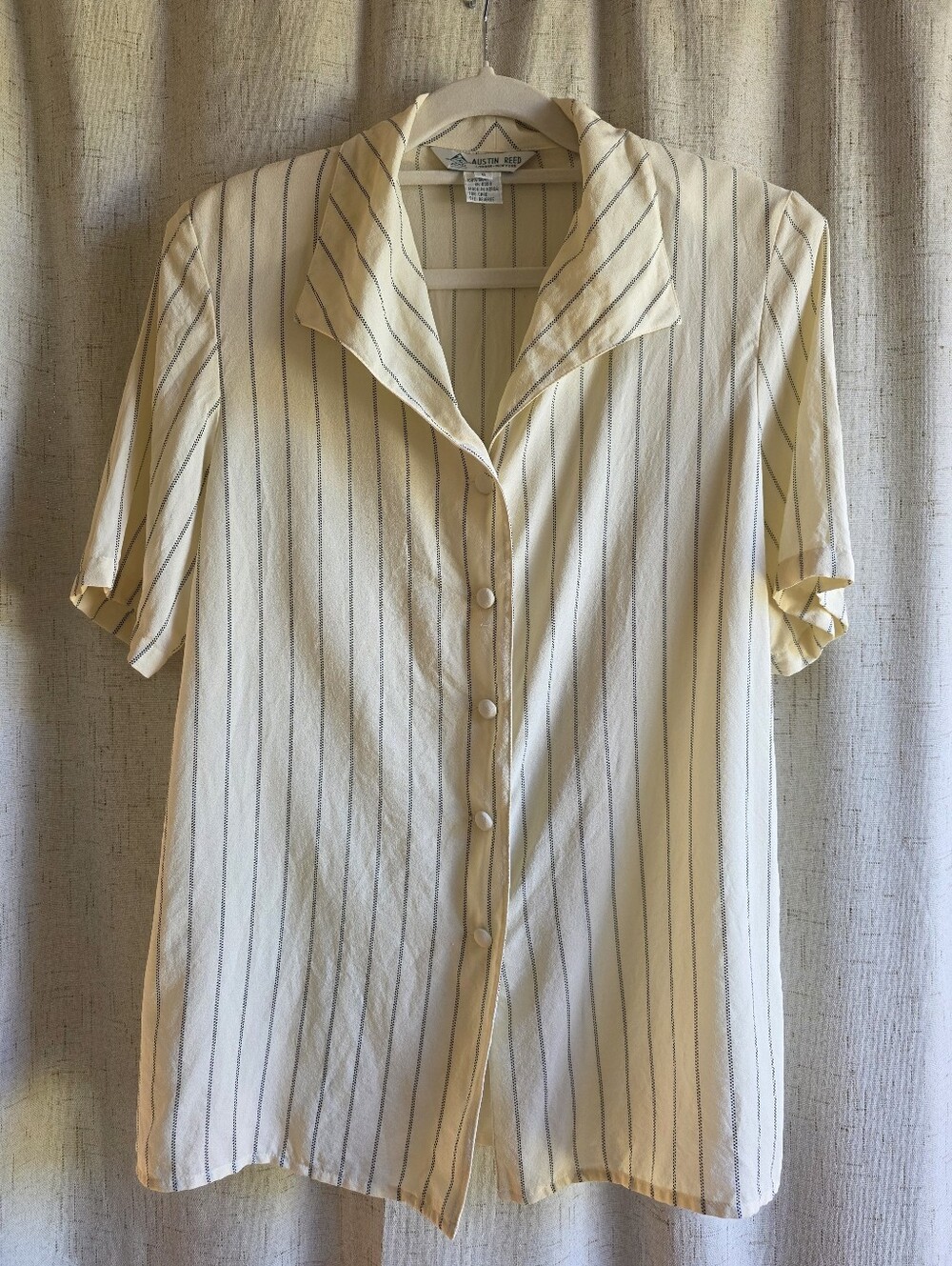Vintage Austin Reed 100% Silk Camp Blouse White Pinstripe With Shoulder Pads